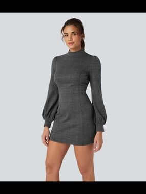HALARA Grey Plaid Mock-Neck Balloon-Sleeve Mini Dress